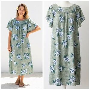 Hilo Hattie Hawaiian Floral Dress Green Lightweight Resort Aloha Vacation Small